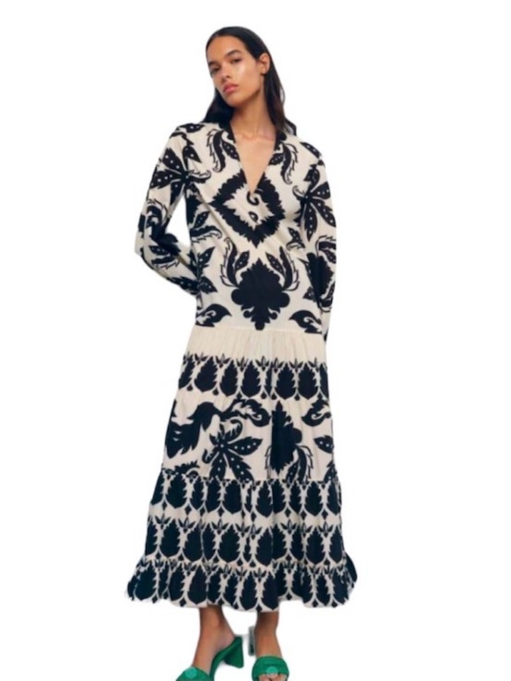 ZARA Black Ivory White Floral Maxi Ruffle Dress Puffy Sleeve Boho Art To Wear XL